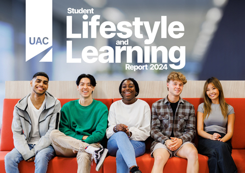 2024 Student Lifestyle and Learning Report cover: five students in casual clothes sit on a red sofa, facing the camera and smiling